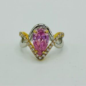 Pear Cut Lab Pink Sapphire Ring | 925 Sterling Silver & Gold Vermeil | Size 7